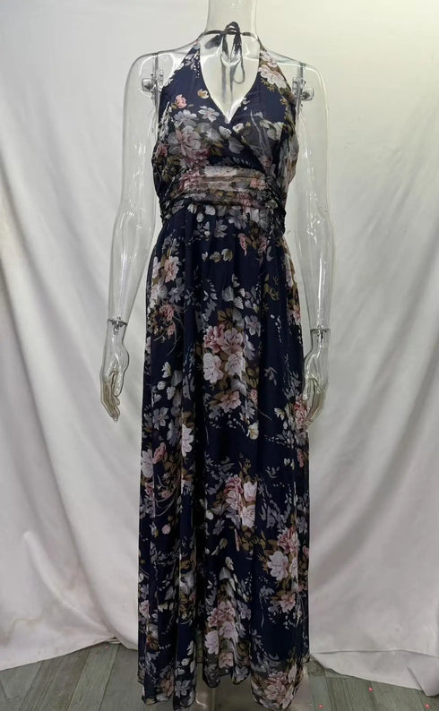 Elegant Flower Print Chiffon Dress for Women - Sexy Halter V Neck Backless Long Summer Fashion Party Dress